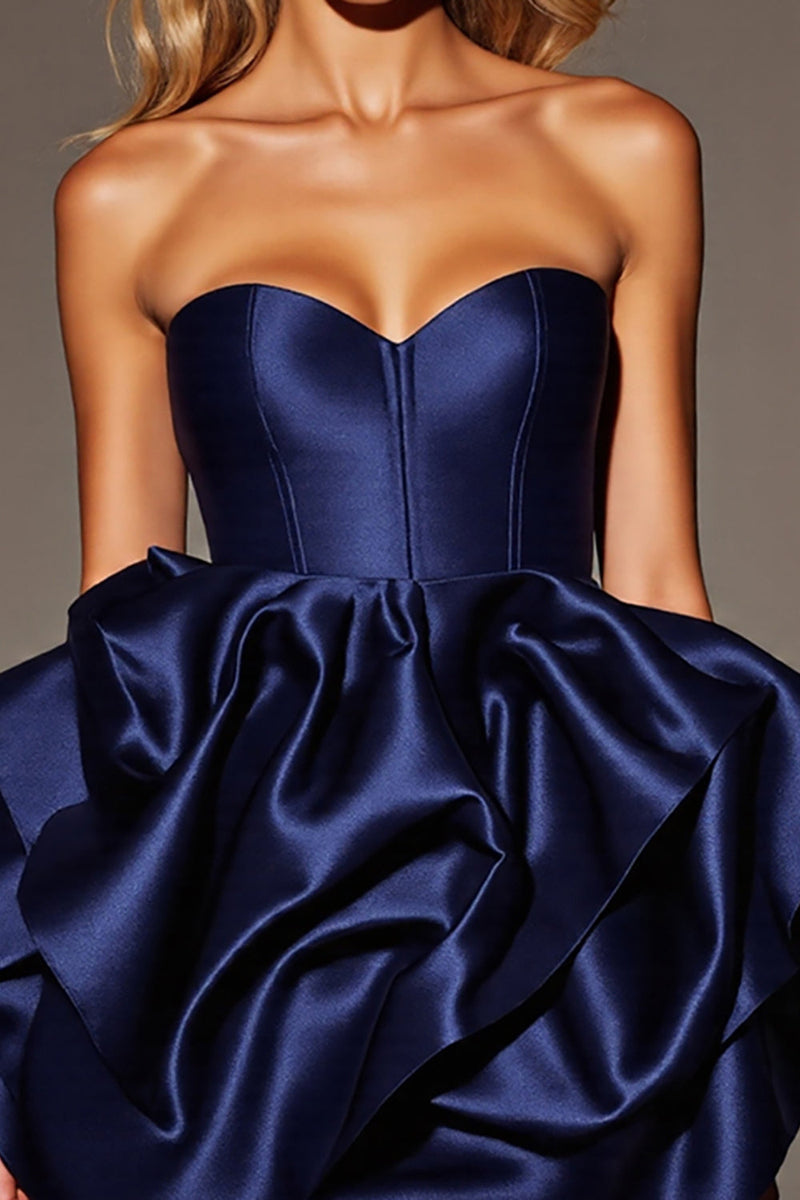 Load image into Gallery viewer, Navy Corset Satin A Line Short Homecoming Dress with Ruffles