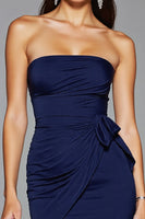 Load image into Gallery viewer, Simple Navy Satin Bodycon Short Strapless Homecoming Dress with Slit