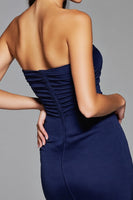 Load image into Gallery viewer, Simple Navy Satin Bodycon Short Strapless Homecoming Dress with Slit