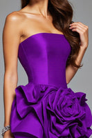 Load image into Gallery viewer, Floral Dark Purple Satin Short Ruffled Homecoming Dress