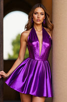 Load image into Gallery viewer, Dark Purple Corset Satin Short Halter Homecoming Dress with Sequins
