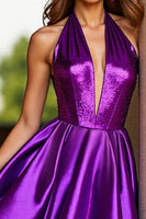 Load image into Gallery viewer, Dark Purple Corset Satin Short Halter Homecoming Dress with Sequins