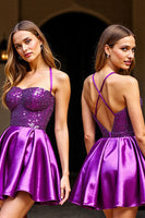 Load image into Gallery viewer, Sparkly Dark Purple Satin Short Halter Homecoming Dress with Sequins