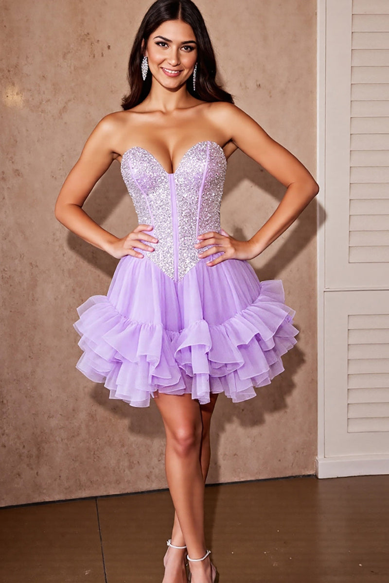 Load image into Gallery viewer, Sparkly Lilac Ruffled Corset Tulle Short Homecoming Dress with Sequins