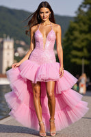 Load image into Gallery viewer, Sparkly Pink Corset Tulle Ruffled Homecoming Dress with Beading