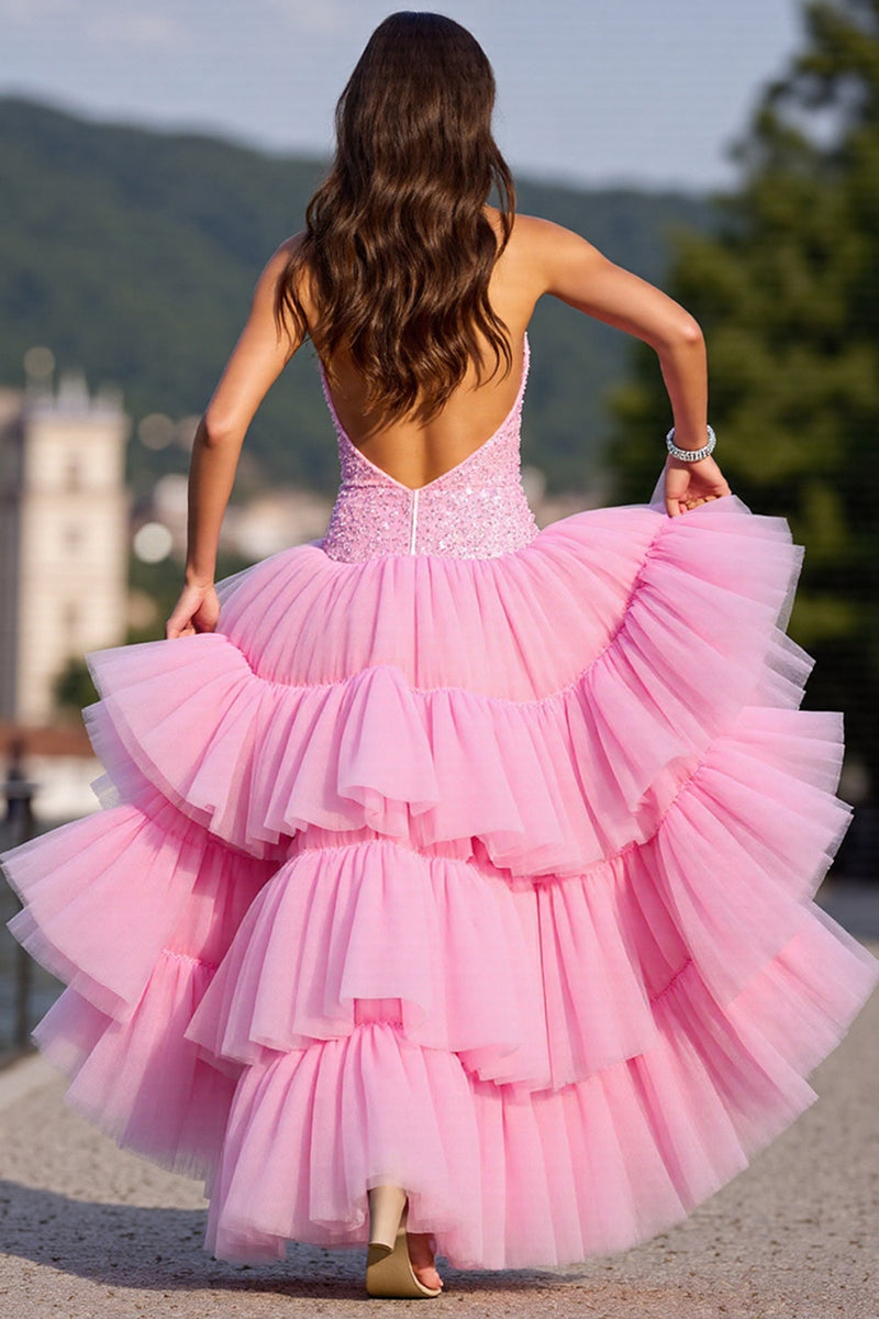 Load image into Gallery viewer, Sparkly Pink Corset Tulle Ruffled Homecoming Dress with Beading