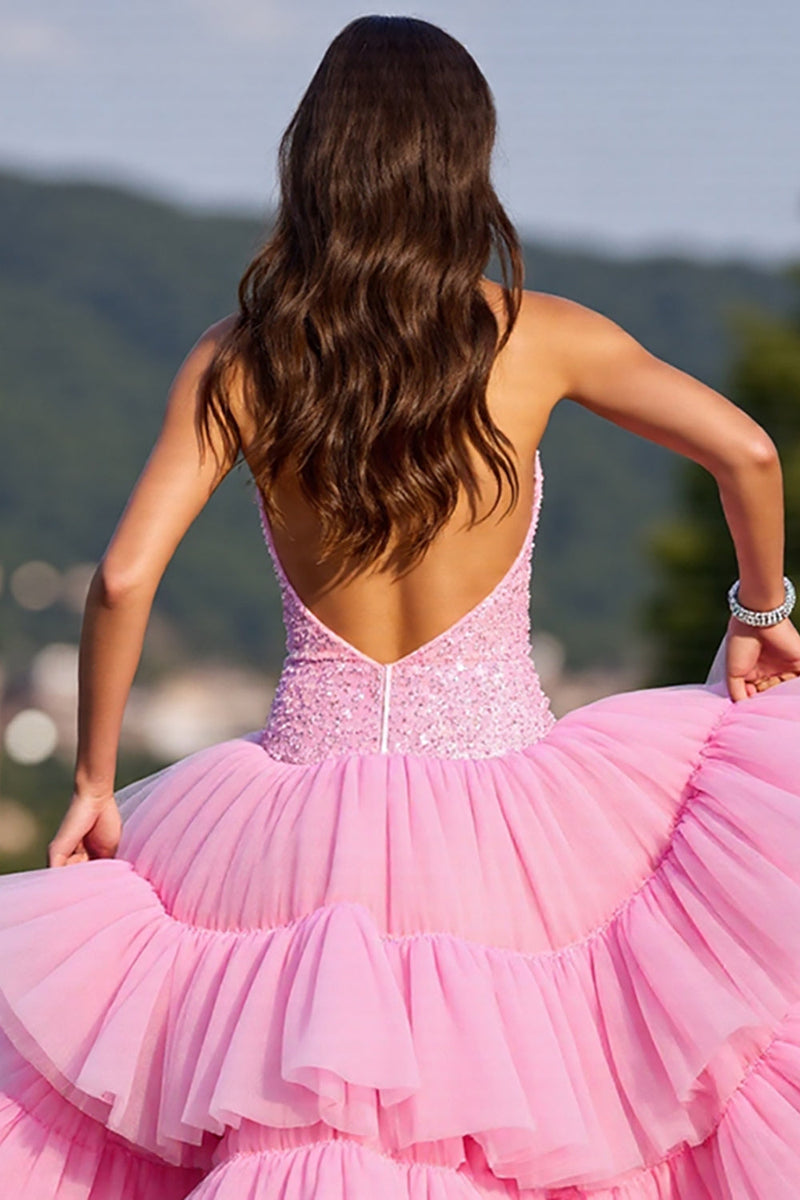 Load image into Gallery viewer, Sparkly Pink Corset Tulle Ruffled Homecoming Dress with Beading