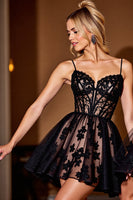 Load image into Gallery viewer, Black Lace Corset Spaghetti Straps Short Homecoming Dress