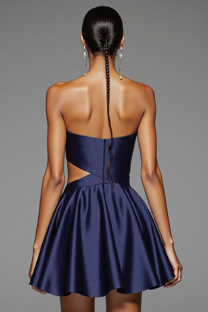 Load image into Gallery viewer, Simple Navy A Line Cut Out Short Satin Homecoming Dress