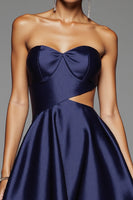 Load image into Gallery viewer, Simple Navy A Line Cut Out Short Satin Homecoming Dress