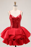 Load image into Gallery viewer, Sparkly Red Corset Short Sequins Homecoming Dress with Ruffles