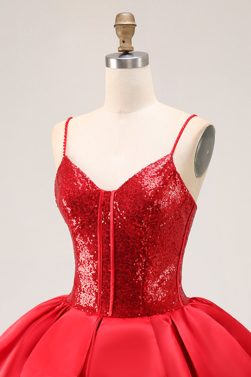 Load image into Gallery viewer, Sparkly Red Sequins Short Corset Homecoming Dress with Ruffles