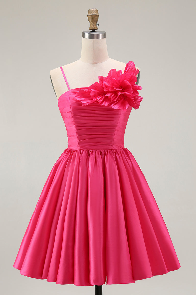 Load image into Gallery viewer, Floral Fuchsia A Line Satin Short Homecoming Dress with Ruffles