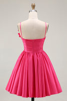 Load image into Gallery viewer, Floral Fuchsia A Line Satin Short Homecoming Dress with Ruffles