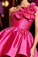 Load image into Gallery viewer, Floral Fuchsia A Line Satin Short Homecoming Dress with Ruffles
