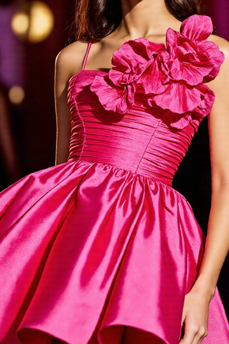 Load image into Gallery viewer, Floral Fuchsia A Line Satin Short Homecoming Dress with Ruffles