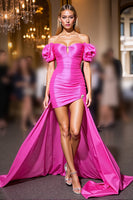 Load image into Gallery viewer, Fuchsia Satin Bodycon High Low Homecoming Dress
