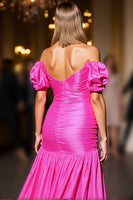 Load image into Gallery viewer, Fuchsia Satin Bodycon High Low Homecoming Dress