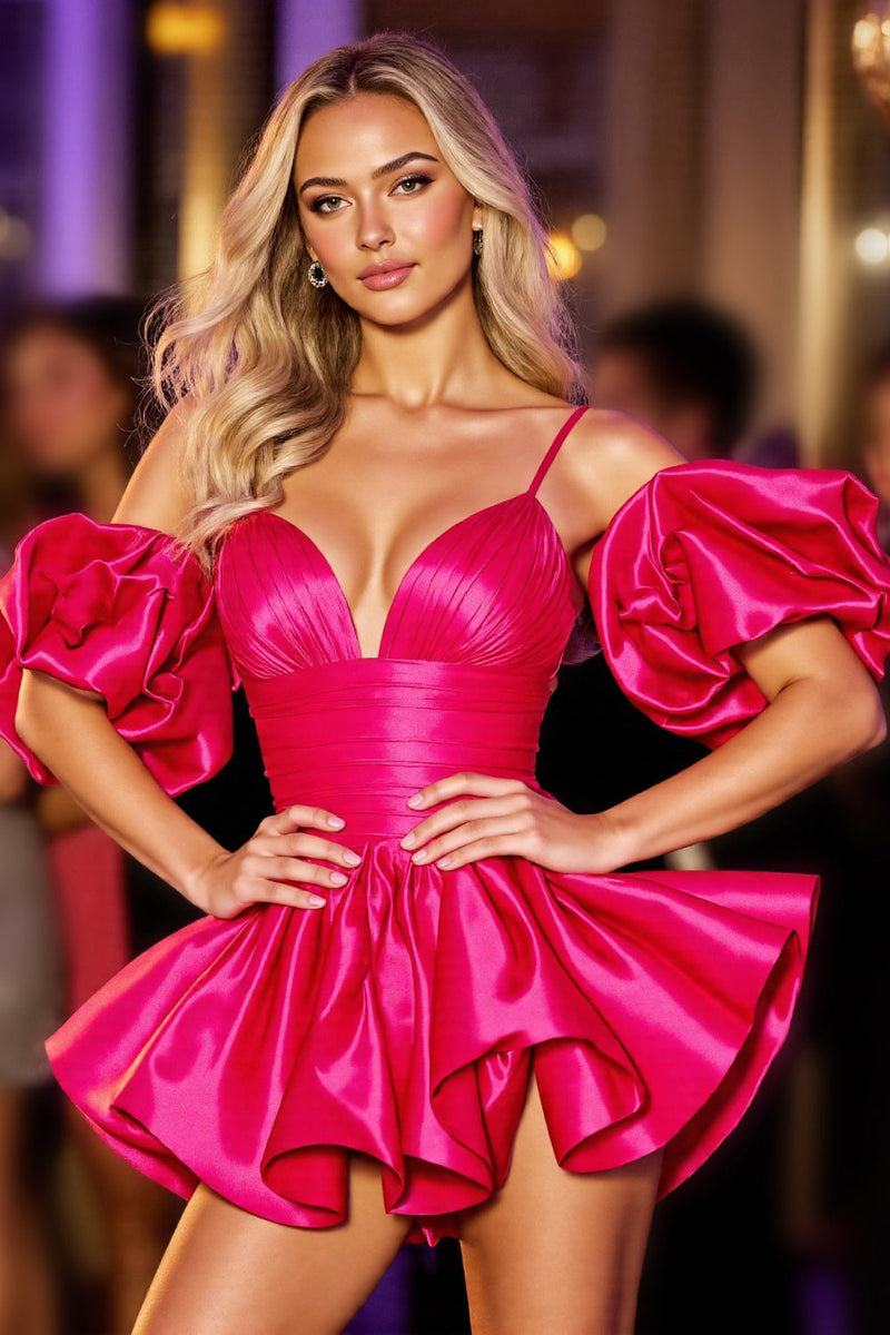 Load image into Gallery viewer, Fuchsia Satin A Line Spaghetti Straps Short Homecoming Dress