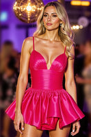 Load image into Gallery viewer, Fuchsia Satin A Line Spaghetti Straps Short Homecoming Dress