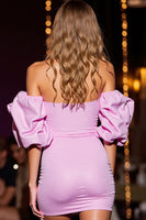 Load image into Gallery viewer, Sparkly Pink Off the Shoulder Short Satin Homecoming Dress