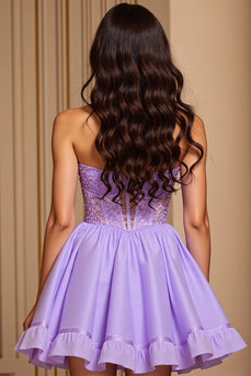 Purple A Line Strapless Short Corset Homecoming Dress with Sequins