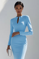 Load image into Gallery viewer, Sky Blue Satin Keyhole Bodycon Short Work Dress