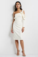 Load image into Gallery viewer, White Satin Bodycon Midi Work Dress with Flower