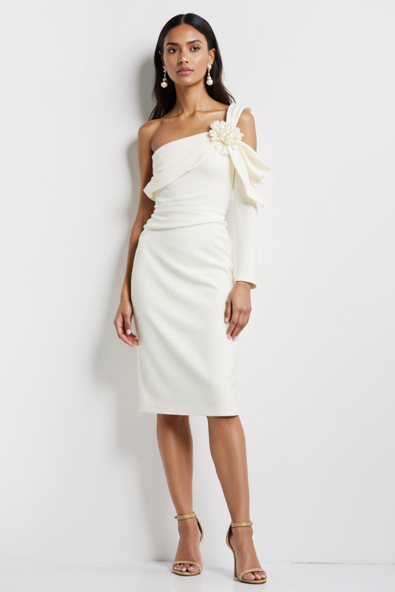Load image into Gallery viewer, White Satin Bodycon Midi Work Dress with Flower