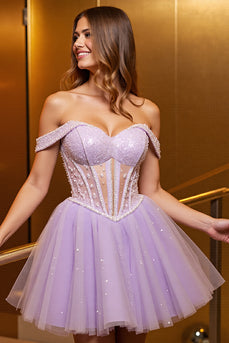 Lilac Corset Off the Shoulder A Line Short Tulle Homecoming Dress