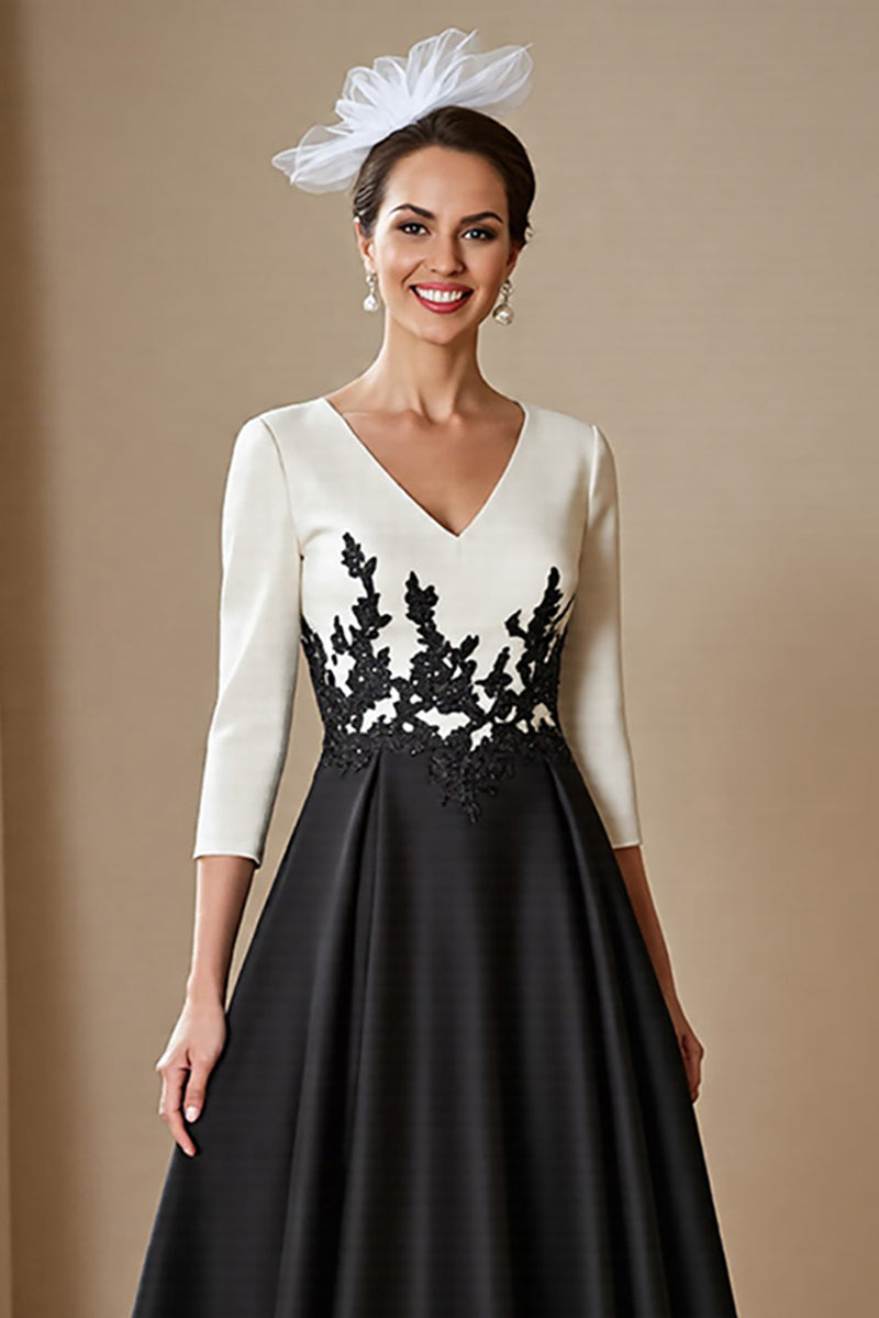 Load image into Gallery viewer, Black and White Satin A Line Long Mother of the Bride Dress with Appliques