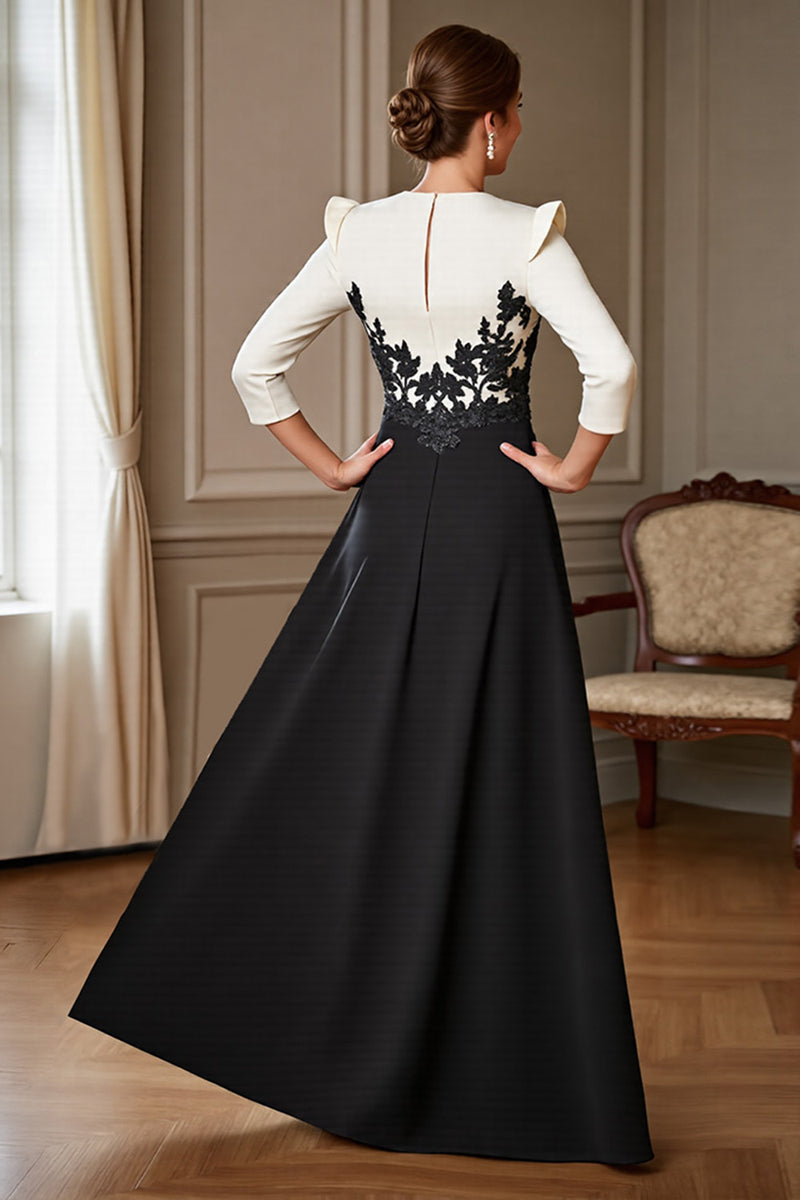 Queendancer Women Black and White Satin Long Mother of the Bride Dress with Appliques A Line V-Neck 3/4 Sleeves Formal Dress with Slit – queendancer