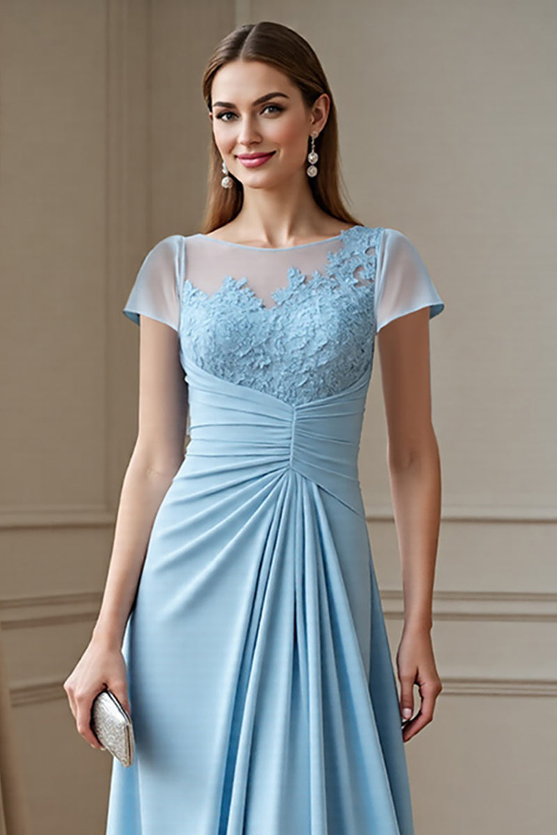 Cicinia Sky Blue Mother Of The Bride Dress Long Chiffon Lace A-line Short Sleeves
