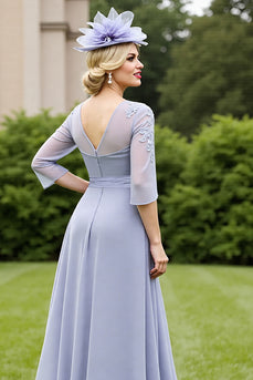 Grey Blue A Line Chiffon Long Mother of the Bride Dress with Lace