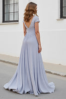 Load image into Gallery viewer, Silver Chiffon A Line Long Mother of the Bride Dress with Appliques