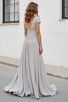 Silver Chiffon A Line Long Mother of the Bride Dress with Appliques
