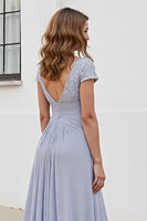 Load image into Gallery viewer, Silver Chiffon A Line Long Mother of the Bride Dress with Appliques