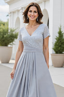 Load image into Gallery viewer, Silver A Line Chiffon V-Neck Long Mother of the Bride Dress