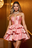 Load image into Gallery viewer, Blush Satin A Line Tiered Short Homecoming Dress