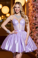 Load image into Gallery viewer, Sparkly Lilac A Line Satin Short Corset Homecoming Dress