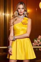 Load image into Gallery viewer, Yellow Satin A Line One Shoulder Short Homecoming Dress with 3D Flowers