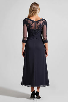 Navy Chiffon A Line Boat Neck Mother of the Bride Dress with Lace