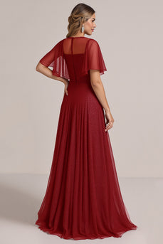 Sparkly Burgundy Illusion Boat Neck Organza Long Bridesmaid Dress