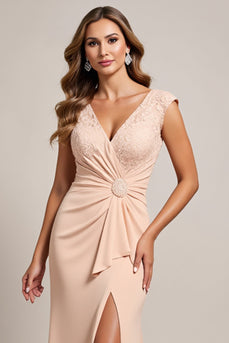 Apricot Sheath Ruched V-Neck Long Mother of the Bride Dress