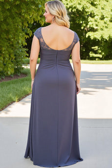 Plus Size Steel Grey Ruched Long Mother of the Bride Dress with Slit