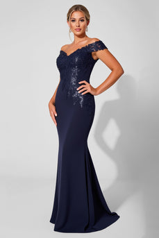 Sparkly Navy Off the Shoulder Mermaid Long Mother of the Bride Dress
