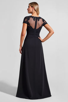 Black A Line Boat Neck Long Mother of the Bride Dress with Slit
