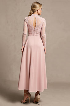 Candy Pink A Line Keyhole Long Sleeves Mother of Bride Dress with Lace