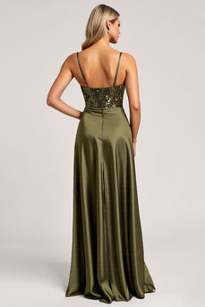 Sparkly Olive Spaghetti Straps Satin Backless Long Bridesmaid Dress with Slit