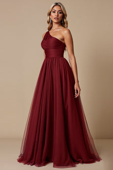 Cabernet A Line One Shoulder Tulle Long Bridesmaid Dress
